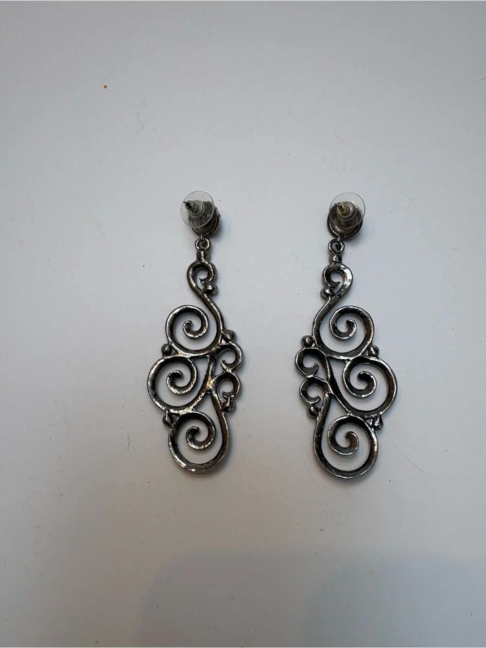 Rhinestone Scroll Drop Earrings - Silver Tone